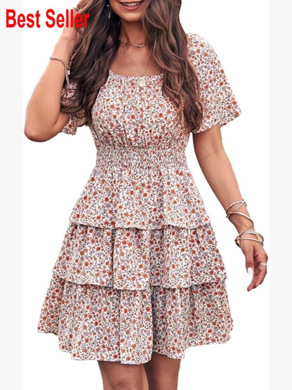 Floral Summer Short Dress Square Neck Short Sleeve Tiered Ruffle Boho Swing